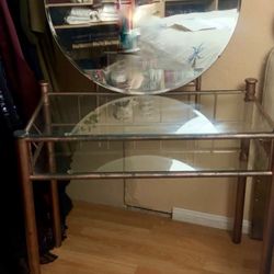 Glass Vanity Table with Round Mirror – Modern & Elegant 
