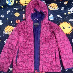 Land's End Star Puffer Girls Jacket Pink Purple Hooded Size Large 6x7
