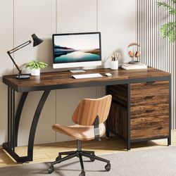 59" Industrial Computer Desk, Study Writing Table with Reversible Drawer Cabinet