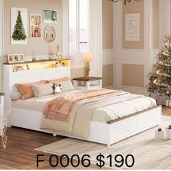 IRONCK Farmhouse Queen Size Bed Frame with LED Light and Charging Station(0006)