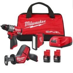 Milwaukee Fuel Brushless 3 Tools Combo Kit Drill, Hackzall, Rover Light, Battery  Charger & Bag
