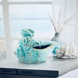 Seashells 7 Inch Height Teal Ceramic Tabletop Fountain
