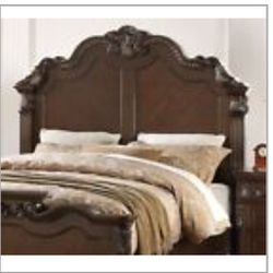 Formal Antique Carved Floral Accent Design Queen Size Bed, Night Stand, Dresser, Mirror & Chest Dark Brown