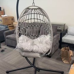 Indoor and Outdoor Egg-Shaped Swing Chair with Stand, Patio Wicker Rattan Hanging Chair with Rope Back, Cushions, Cover