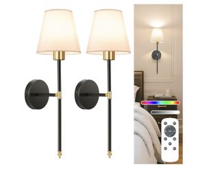NIORSUN 19.9 inch Battery Operated Wall Sconce Set of 2,Gold-Black Rechargeable Wall Lights with 5200mAh Dimmable Detachable Bulbs and Remote,10 Color