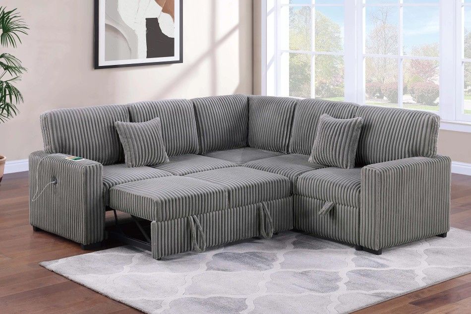 Brand New Grey Corduroy Sectional Sofa Storage Sleeper