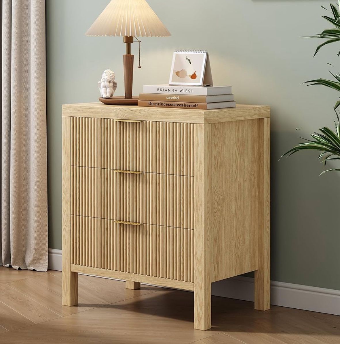 3 Drawer Dresser, Mid Century Modern Chest of Drawers with Waveform Panel, Large Fluted Dresser with Wide Drawers Wood Storage for Bedroom, Hallway, E