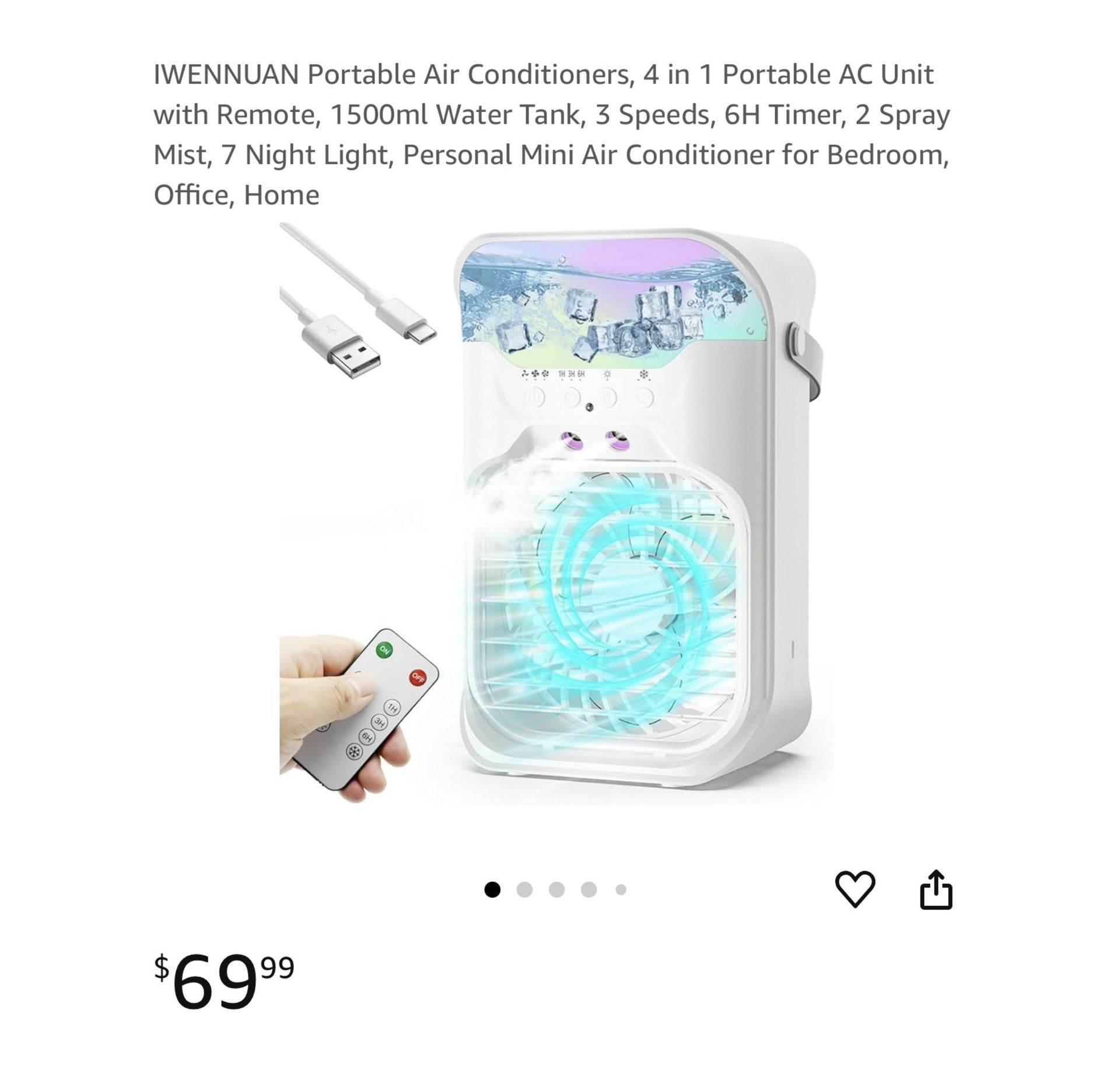 Brand new Portable Air Conditioners, 4 in 1 Portable AC Unit with Remote, 1500ml Water Tank, 3 Speeds, 6H Timer, 2 Spray Mist, 7 Night Light, Personal