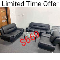 Black Faux Leather 3-Piece Couch Living Room Sofa