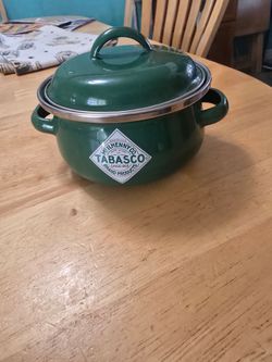 Vintage Small Green Tabasco McIlHenny Co Enamelware Lidded Pot
