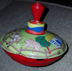 Old metal spinning Top Toy Farm animal Tractor scene
