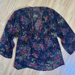 Black Floral Watercolor Medium Large Kimono Blouse Cardigan Red Sheer