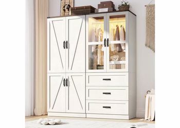 75" Tall Farmhouse 4 Doors Armoire Wardrobe Closet with 3 Drawers and LED,Freestanding Closet Wardrobe Cabinet for Bedroom with Hanging Rod,Wooden Arm