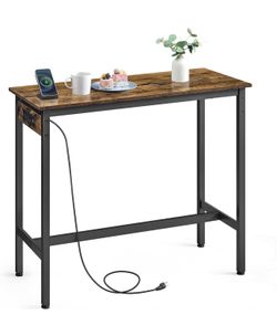 VASAGLE Bar Table, Narrow Long Kitchen Dining Table with Charging Station, Sturdy Metal Frame, Indus