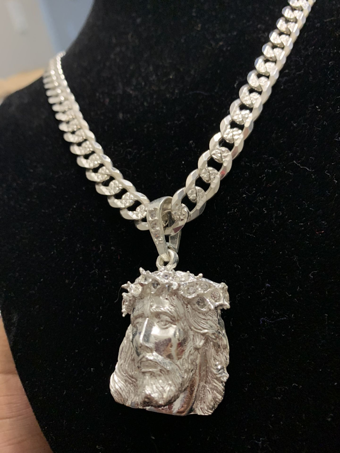 Silver Diamond Cut Cuban Link with Jesus Pendant  .925