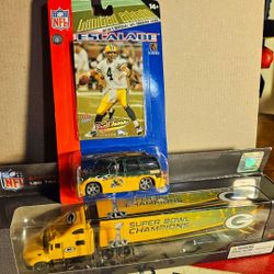 NFL, GREEN BAY PACKERS LOT: New, 1:80 scale, Super Bowl Champions XLV tractor trailor & limited edition Escalade w/Favre card, firm.