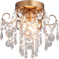 Mini Chandelier Crystal Ceiling Light,Small Flush Mount Gold 