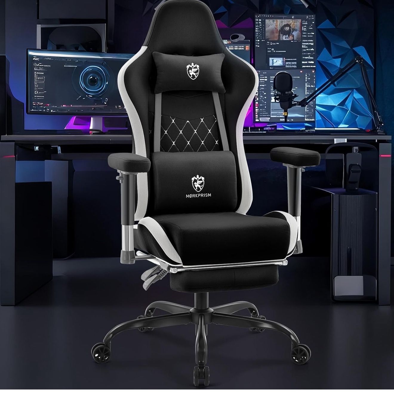 Morkprism Gaming Chair Breathable Fabric,Computer Office Chair with Footrest,Massage Lumbar Support and Gel Pad,Ergonomic Reclining BRAND NEW