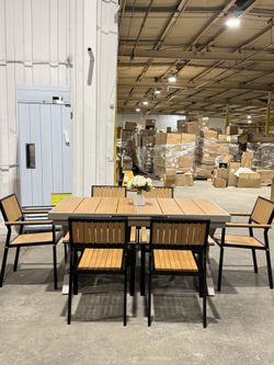 🔥Set of 7🔥Outdoor Dining Set with Six Chairs and a Table That Extends from 62.9 to 82.6 Inches, All Weather Outdoor Patio Furniture Set, Suitable fo