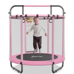 BCAN 55" Trampoline for Kids with Thickened Enclosure Net, Toddler Trampoline Indoor/Outdoor with Adjustable Gymnastics Bars & Basketball Hoop