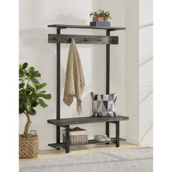 Steelside Pomona 48" Wide Rustic Industrial Wooden Metal Entryway Hall Tree with Bench Shelves And Coat Hook
