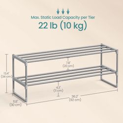 SONGMICS 2-Tier Shoe Rack Shoe Organizer Metal Storage Shelf - Gray