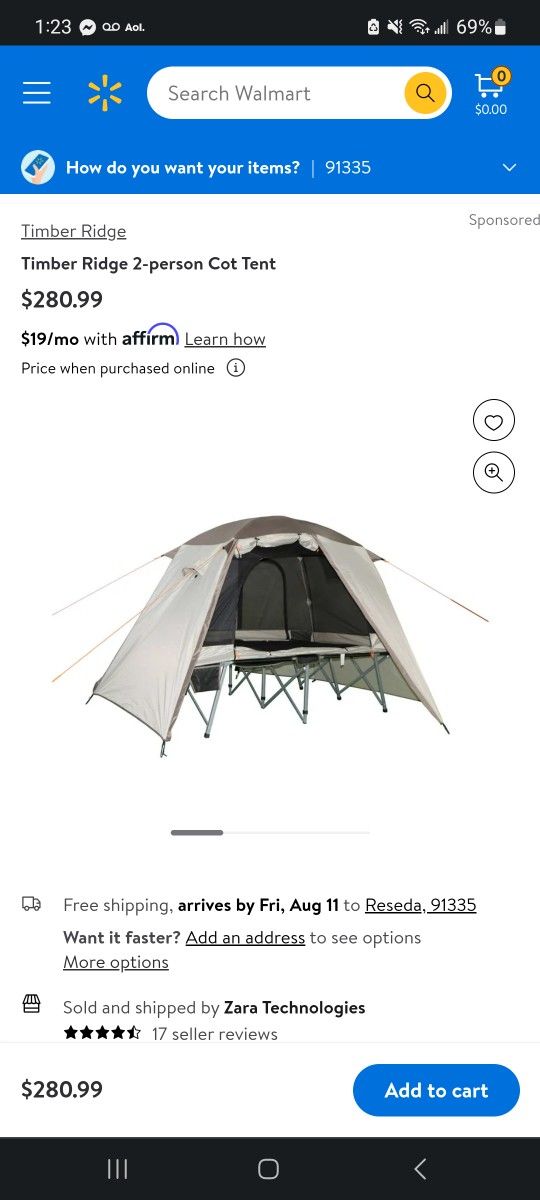 Timber Ridge 2 Person Cot Tent $140