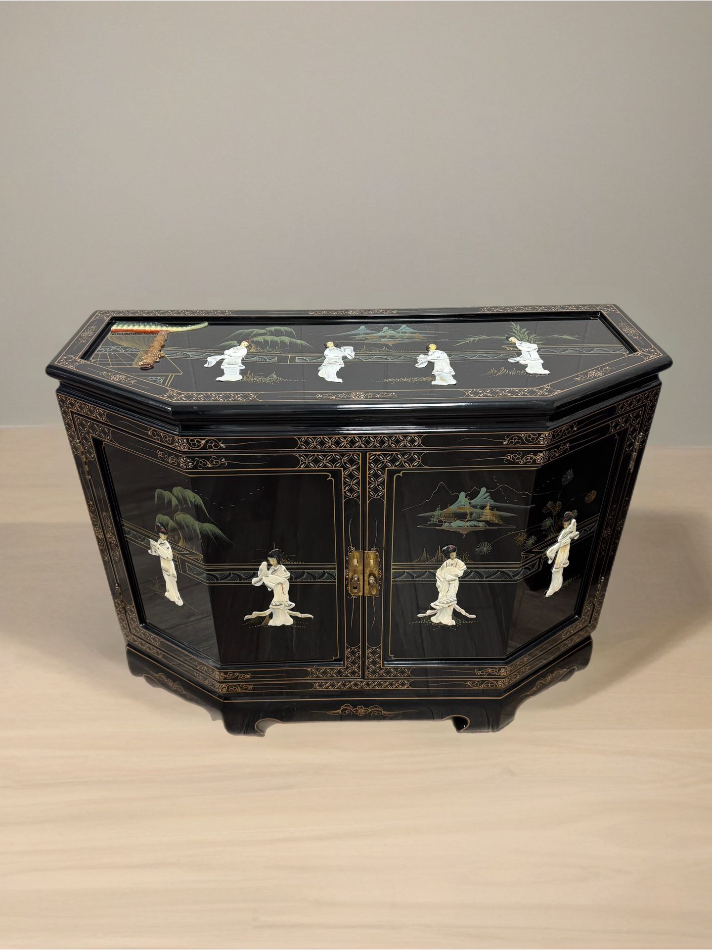 Beautiful Asian-Inspired Black Lacquer Cabinet – Mother of Pearl Inlay