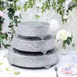 Cake Stand Riser Matte Metal Cake Pedestal Set If Two 18” and 22” Round Silver Embossed