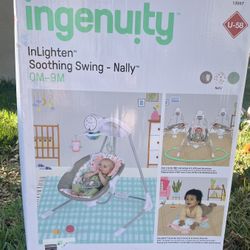 Ingenuity InLighten Baby Swing,  5-Speed, Swivel Infant Seat, Nature Sounds, Lights - Pink, Nally