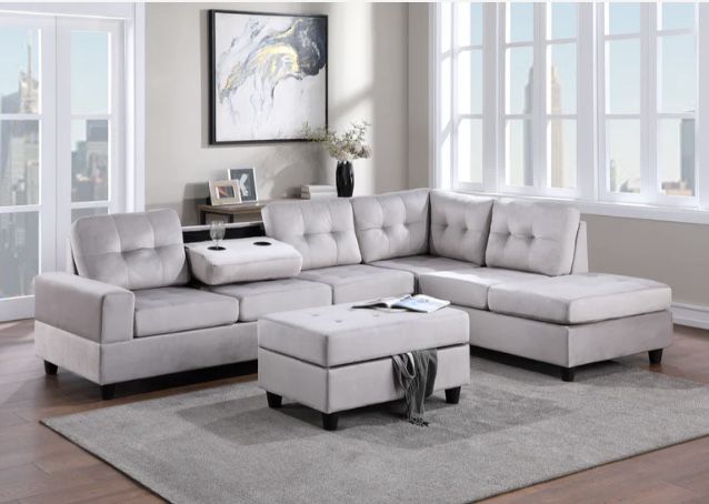 Heights Silver Velvet Reversible Sectional with Storage Ottoman ( sectional couch sofa loveseat options