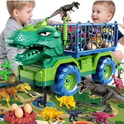 Dinosaur Cars Truck Toys for Kids 3-5 with 8 Dinosaur Figures, Activity Play Mat, Dinosaur Egg, Trees, Jurassic Play Set for Boys and Girls Ages 5-7