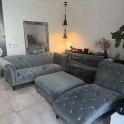 Flair Valencia Gray Velvet Chesterfield Sofa Set w/ Crystal Tufting – Like New