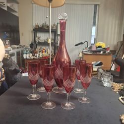 Vintage Cranberry Red Cut-To-Clear Etched Crystal Decanter Set With Six Matching Champagne Flutes, Stunning In Excellent Condition