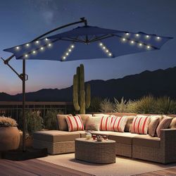 10ft Solar Lights Offset Cantilever Patio Umbrella - w/Light and Base, LED Lighted Offset Hanging Patio Outdoor Market Umbrella UPF50+ UV Protection w