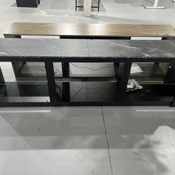 M-New 70 in. Black Marble Color TV Stand Fits TV's up to 75 in. with Tempered Glass Shelves LED Lights and Large Open Storage
