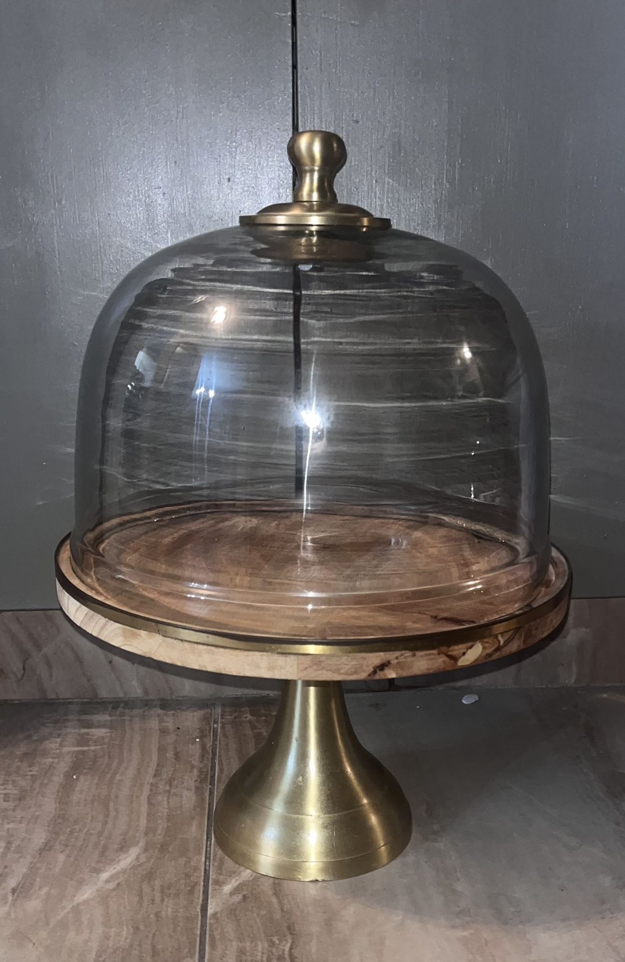 Wood and glass cloche cake stand with brass pedestal
