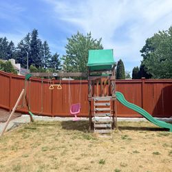 Wood Swing Set With Wave Slide, Play Deck, Rock Wall Ladder,Belt Swings , Canopy Roof 