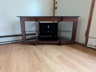 Corner TV Stand, 3 Tier Smoked Glass Shelves, Wood Finish
