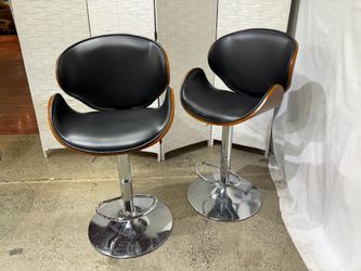 BELNICK Adjustable Bar Stool in Chrome with Black Upholstery and Walnut Veneer Back (Set of 2)