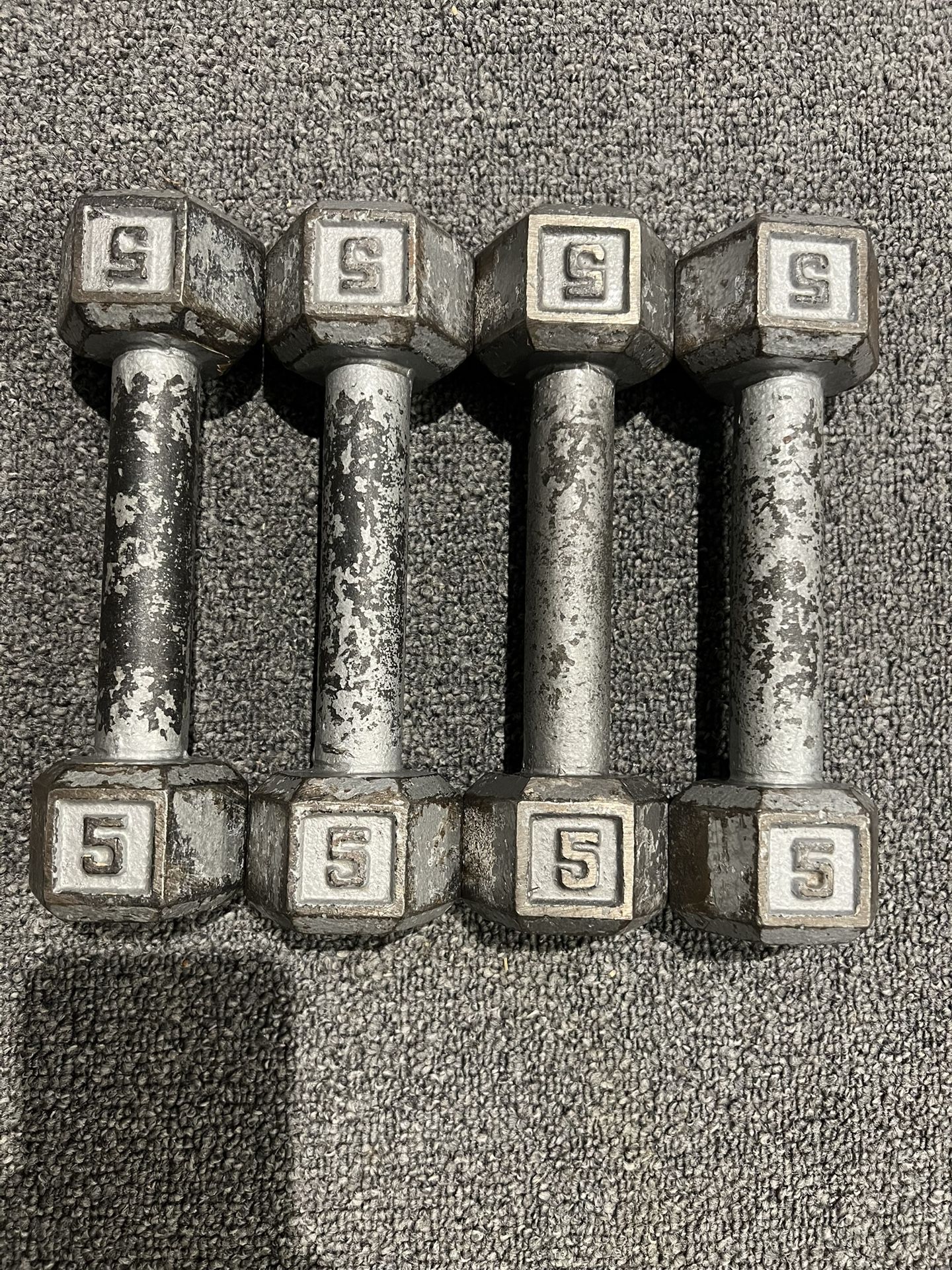 Pair of Vintage 5 lb Dumbbells Hex Cast Iron - qty 4 & 1 3lb