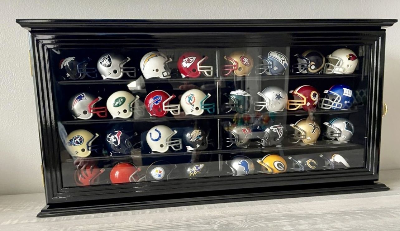 Display Case With 32 NFL Mini Helmets