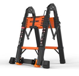 SINMEIRUN Orange 12.5FT Telescoping Ladder A Frame, Portable Extension Folding Ladder, Multi-Purpose Compact Telescopic Ladder for Household or Outdoo