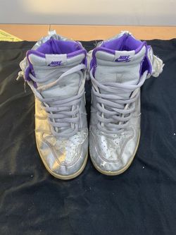 NIKE SB "Dinosaur Jr." Size 8.5 Silver & Purple Metallic Leather High Top Sneakers