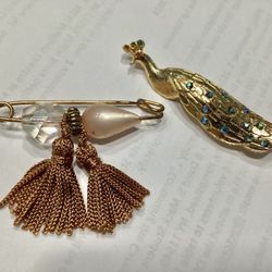 2 Vtg. Brooches - Pins Gold Tone Peacock + Safety Pin Tassels