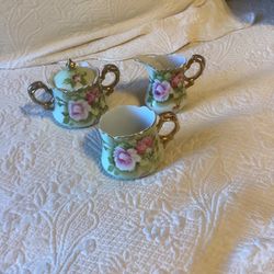 Vintage Lefton 3066 Green Heritage Rose Sugar And Creamer With Tea Cup