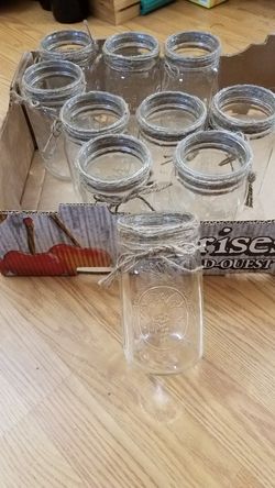 (10) ten Mason jars with twine wrapped