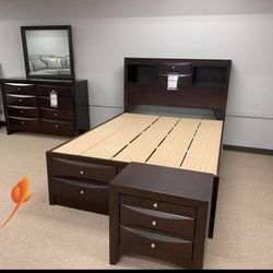 Dark Cherry Storage Platform Bedroom Set,Bed,dresser, Mirror, Night Stand// Mattress Sold Separately 