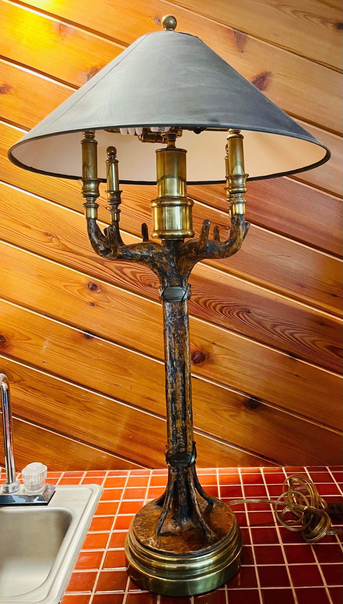 Antique Hart Associates Leather Brass Hollywood Regency Antlers Cabin Lamp
