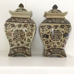 Vintage Brown & White Rare! Chinese Pagoda Porcelain Ginger Jar Pair w/Lids